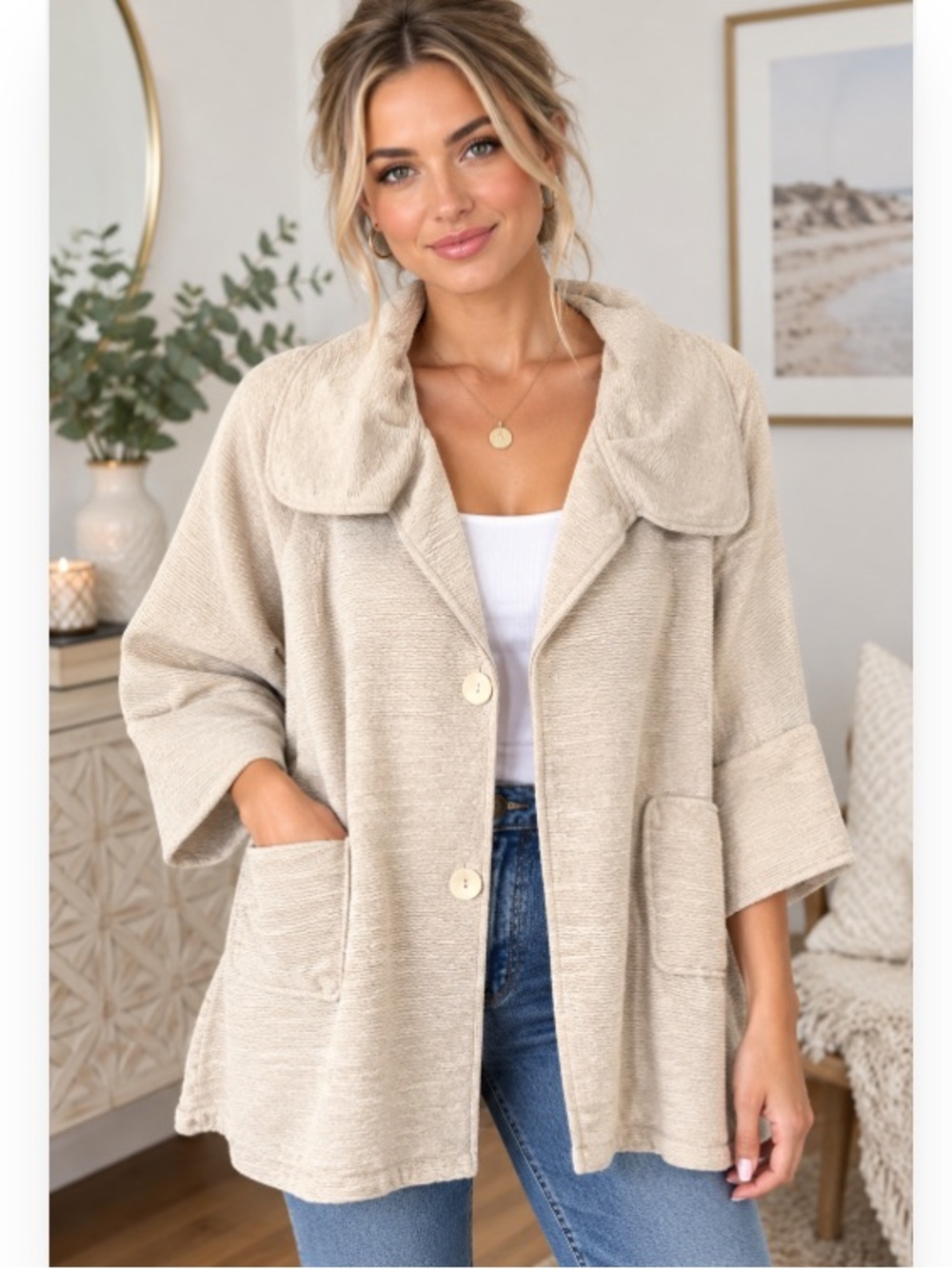 Damee Cream Women's lightweight Coat Jacket Oversized Collar